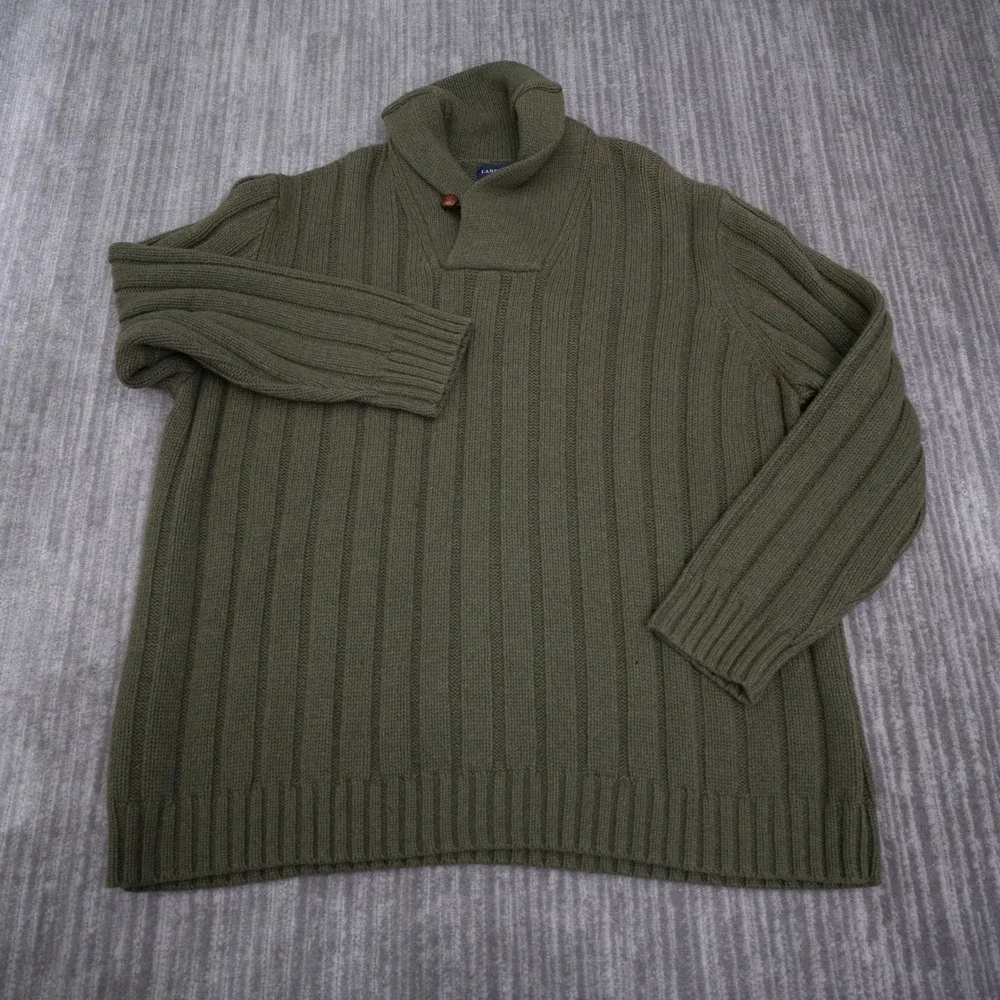 Lands End Mens XXL Olive Green Merino Wool Blend Ribbed Shawl Collar Sweater